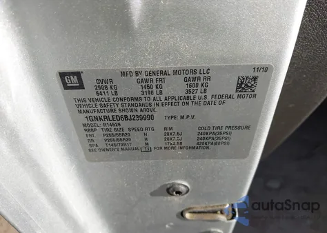 2011 Chevrolet Traverse Ltz z USA, uszkodzony, nr VIN 1GNKRLED6BJ239990